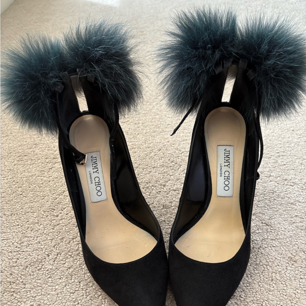 Jimmy Choo Black Heels with Teal Fur Accent